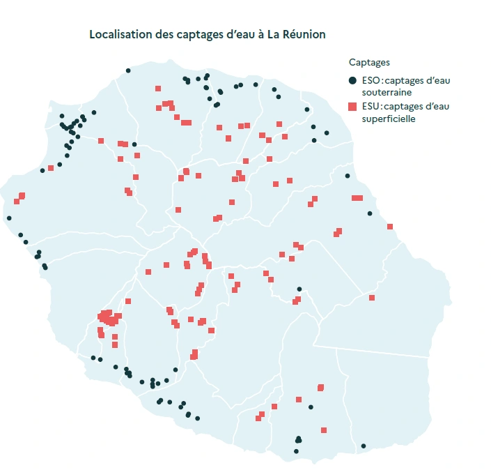 Cette carte représente la localisation des captages d’eau superficielle et souterraine à La Réunion
